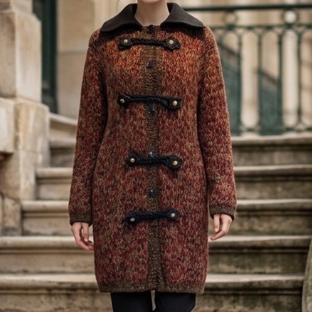 Patricia Barrera Alpaca Wool Leather Knit Toggle Cardigan Coat Chile Handmade L